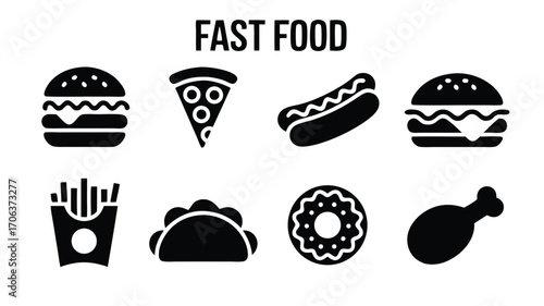A Collection of Popular Fast Food Items Represented as Simple Black Icons for Graphic Design Projects