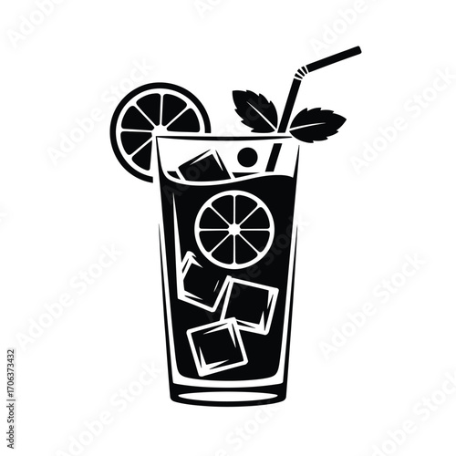 Black and white illustration of a refreshing iced drink with citrus and mint