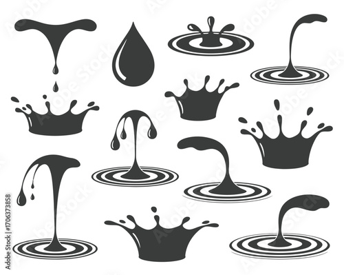 Dynamic collection of liquid splash, water drop, and fluid crown vector illustrations, showcasing various movements and abstract shapes for graphic design projects