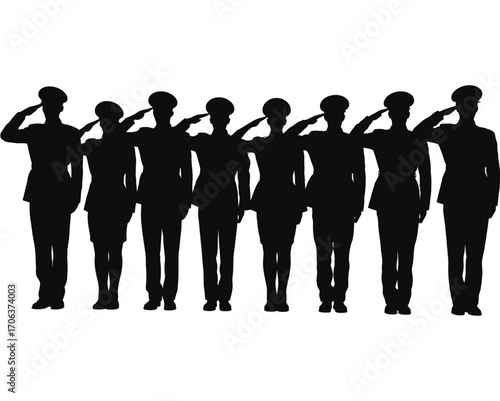 Silhouette vector illustration of a team of army soldiers standing in formation and saluting their commander