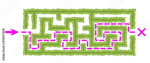 Green horizontal hedge maze vector Illustration. Top view of the open air rectangular labyrinth made of garden bushes and grass. Education logic game for kids isolated on white background.