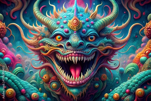 Wallpaper Mural Photo of a vibrant, psychedelic gerbera daisy with an eyelike center, set against a swirling, ornate purple and pink fractal background Torontodigital.ca