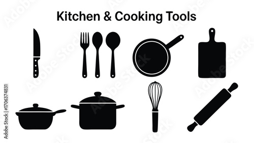 Collection of Kitchen and Cooking Utensils Including Knives Pots Pans and Rolling Pins