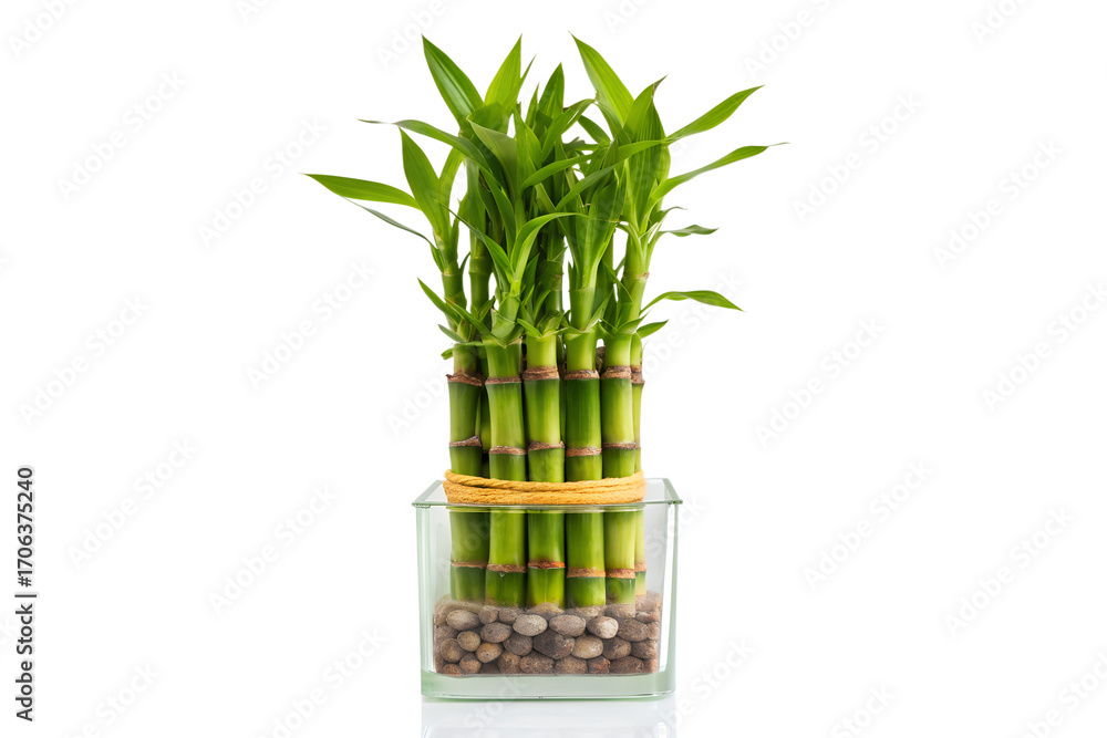 Fototapeta premium A vibrant set of green lucky bamboo stalks in a modern glass vase with pebbles, a natural home decor accessory for contemporary interior design and a symbol of good fortune