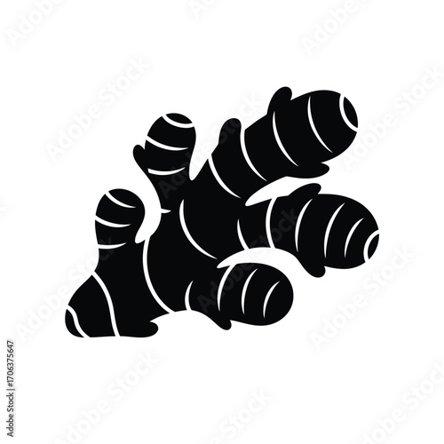 Stylized black silhouette of a ginger root on white background