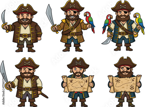 Cartoon pirate characters with swords, treasure maps, and colorful parrots in costume for adventure games, stories, books, and animation