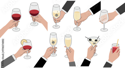 Elegant hand holding wine and cocktail glasses in minimalist style