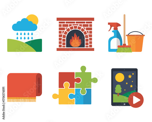 Collection of home comfort and leisure activity icons in a flat design illustration style, featuring a fireplace, puzzle, and rainy day