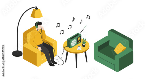 Relaxing at home while listening to music on a retro radio in isometric style