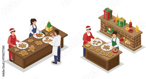 Christmas bakery scene with people baking festive cookies in isometric style