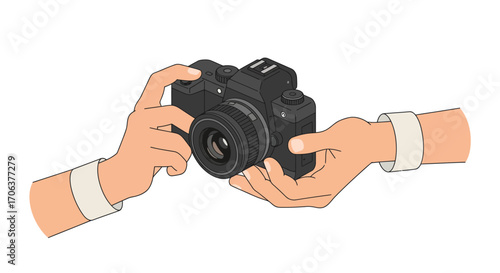 Hands holding a camera in minimalist style art for photography enthusiasts