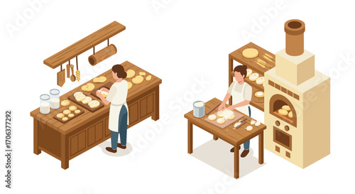 Isometric bakery scene with baker preparing dough and wood-fired oven