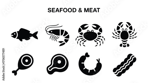Collection of Seafood and Meat Icons Representing Various Food Items for Culinary and Restaurant Use