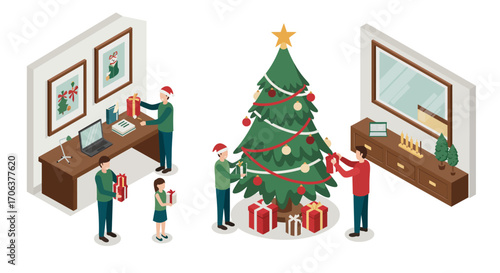 Festive family decorating christmas tree in cozy home interior, isometric style