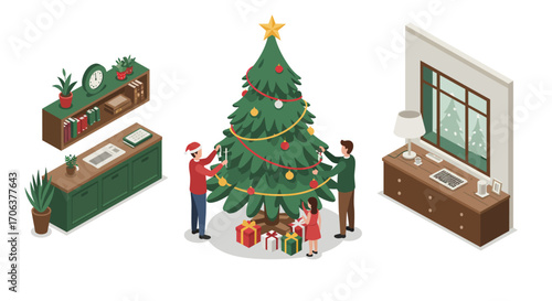 Family decorating christmas tree in cozy isometric living room scene