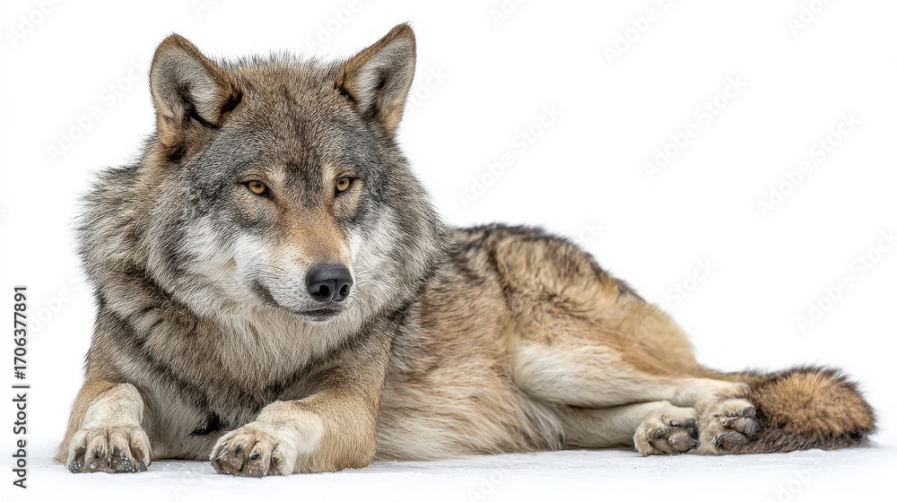 Fototapeta premium Majestic gray wolf resting on a white background in a calm and serene pose
