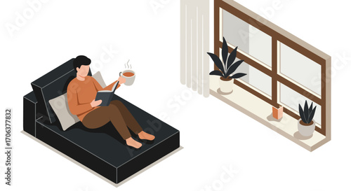 Cozy isometric scene of man reading with coffee by the window in modern livin…
