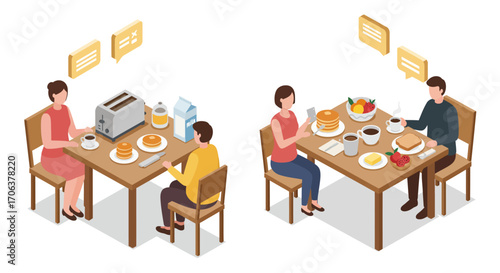 Couple enjoying breakfast at home with toaster and food options in isometric…