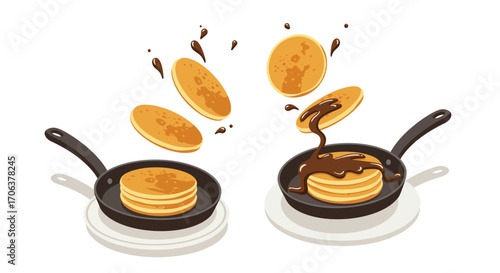 Flipping pancakes in a skillet with chocolate sauce drizzle