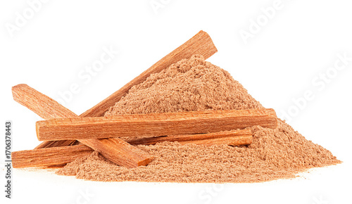 Sticks and powder of sandalwood isolated on a white background. Perfume, medicine. Tree of the genus Santalum.