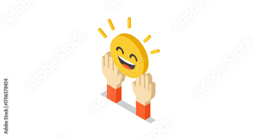 Joyful sun smiley high five in isometric style celebrating positivity and hap…