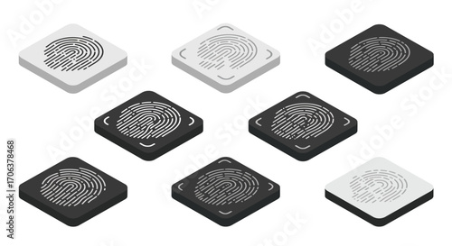 Isometric fingerprint scan buttons in monochrome palette