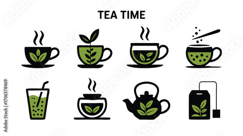 A Collection of Charming Tea Time Themed Icons Representing Various Tea Beverages and Accessories