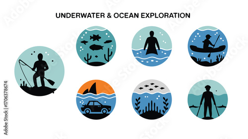 A Comprehensive Icon Set Featuring Underwater and Ocean Exploration Activities and Marine Life in Circular Graphics