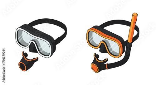Snorkeling and diving gear set with mask and snorkel in flat design