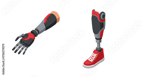 Modern prosthetic arm and leg in isometric style with red accents