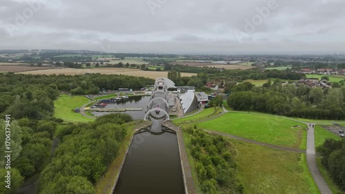 Falkirk Wheel from a drone, Forth and Clyde Canal, Falkirk, Scotland, UK