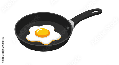 Isometric frying pan with fried egg on white background