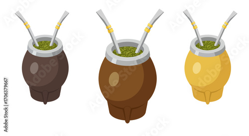 Colorful isometric yerba mate gourds with straws in assorted shades