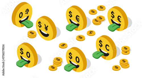Isometric emoji faces with currency symbols displaying greed and wealth