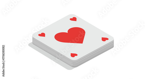 Isometric playing card with red heart symbol on white background
