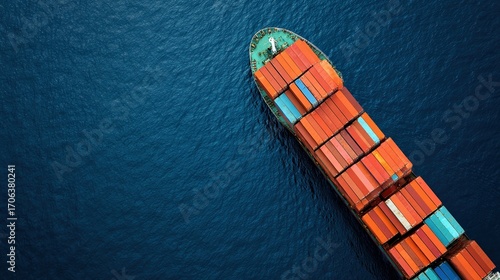 Aerial view of a cargo ship loaded with colorful containers navigating through deep blue waters, This image is ideal for maritime industry, logistics, and global trade themes,