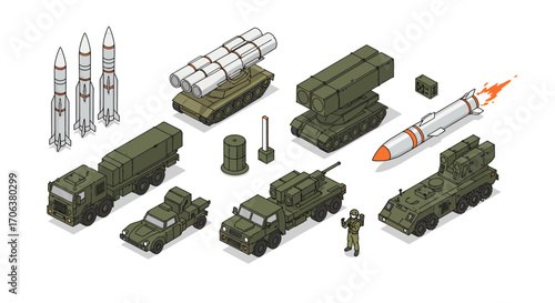 Isometric military equipment and vehicles in detailed art style
