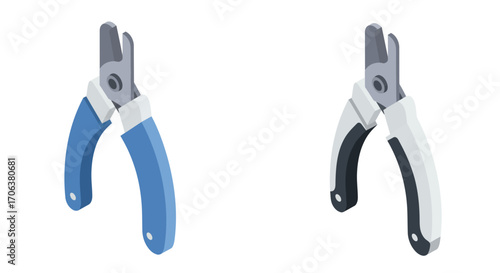 Isometric garden pruner set with blue and black handles on white background