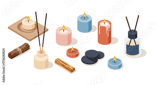 Isometric aromatherapy scene with candles, incense, and essential oils for re…