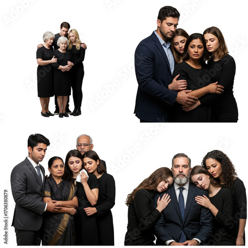 Grieving family members embracing in mourning attire against white background  