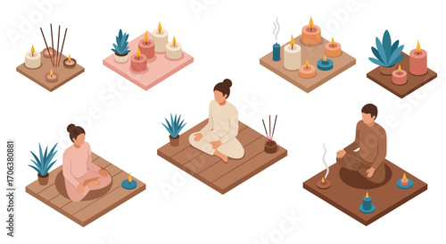Isometric meditation and relaxation scene with people, candles, and incense