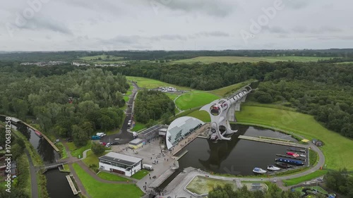 Falkirk Wheel from a drone, Forth and Clyde Canal, Falkirk, Scotland, UK