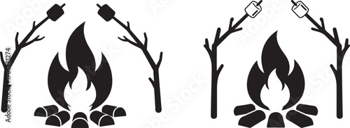 Two campfire silhouettes with marshmallows roasting on sticks silhouette