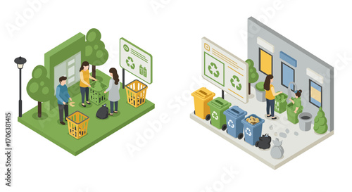 Isometric recycling activities in urban and park settings with people sorting…
