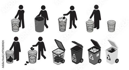 Isometric waste management: icon set of people using trash and recycling bins