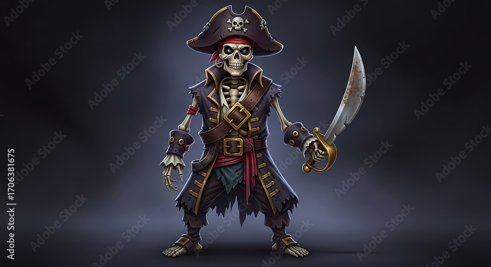 Fototapeta premium Halloween a skeletal pirate captain stands menacingly, wielding a cutlass, his tattered clothes and skull hat hinting at a ghostly seafaring adventure