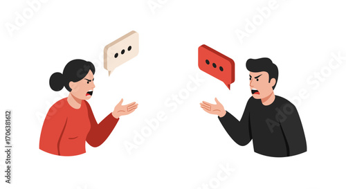 Isometric angry couple arguing with speech bubbles on white background