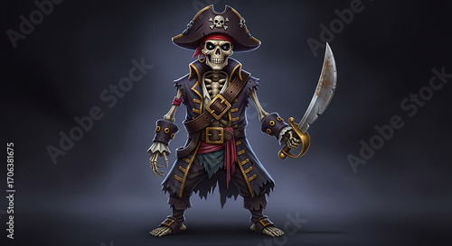 Halloween a skeletal pirate captain stands menacingly, wielding a cutlass, his tattered clothes and skull hat hinting at a ghostly seafaring adventure