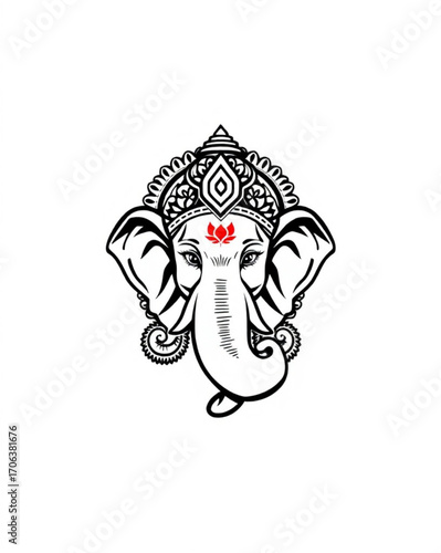 T shirt design vector art of black and white line art illustration of lord ganeshas face, a hindu deity with an elephant head, wearin