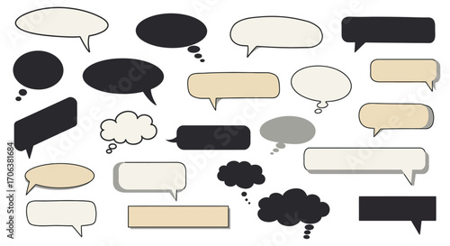 Collection of hand-drawn speech and thought bubbles in various styles